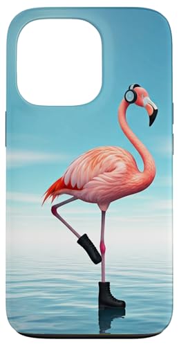 Hülle für iPhone 13 Pro Lustiger Flamingo mit Kopfhörern am Stand im Sonnenuntergang von Flamingo Beach