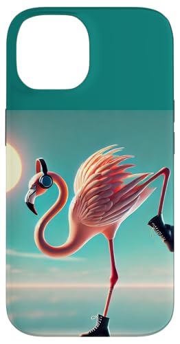 Hülle für iPhone 14 Lustiger Flamingo mit Kopfhörern am Stand im Sonnenuntergang von Flamingo Beach