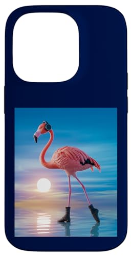 Hülle für iPhone 14 Pro Lustiger Flamingo mit Kopfhörern am Stand im Sonnenuntergang von Flamingo Beach