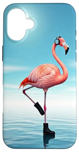 Hülle für iPhone 16 Plus Lustiger Flamingo mit Kopfhörern am Stand im Sonnenuntergang von Flamingo Beach