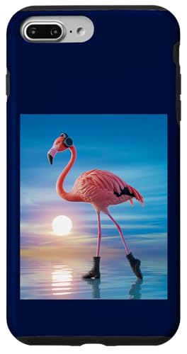 Hülle für iPhone 7 Plus/8 Plus Lustiger Flamingo mit Kopfhörern am Stand im Sonnenuntergang von Flamingo Beach