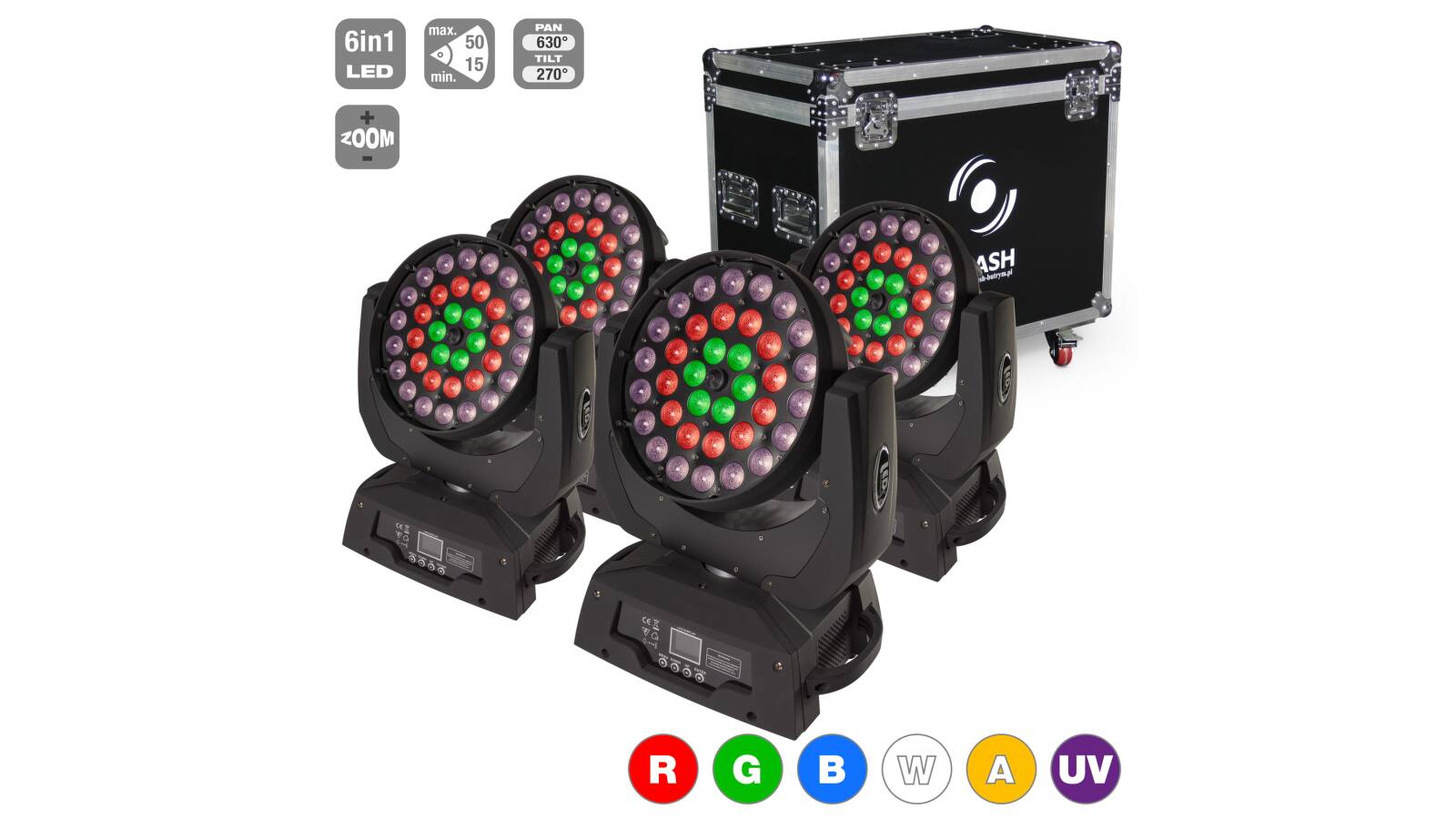 Flash 4xLED Moving Head 36x15W RGBWAUV 6in1 ZOOM 3 Sections + case von Flash