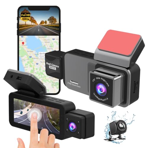 Fleau Tech Dashcam fürs Auto 3 in 1 – inklusive WLAN und App – Touchscreen – Bewegungserkennung und Parkmodus – G-Sensor – Full HD – 170°-Weitwinkelobjektiv – Loop-Aufnahme – Micro-SD-Karte 32 GB von Fleau