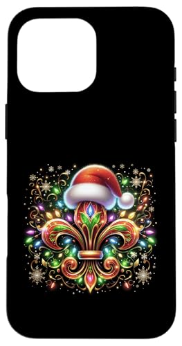 Hülle für iPhone 16 Pro Max Fleur De-Lis Weihnachtsdekoration mit Weihnachtsmannmütze, Weihnachtsbeleuchtung von Fleur De-Lis Christmas Ornat with Santa Hat Lights