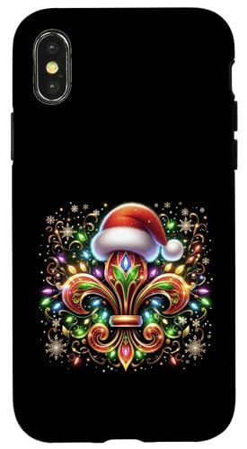 Hülle für iPhone X/XS Fleur De-Lis Weihnachtsdekoration mit Weihnachtsmannmütze, Weihnachtsbeleuchtung von Fleur De-Lis Christmas Ornat with Santa Hat Lights