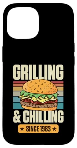 Grillen und Chillen seit 1983 Hamburger Thema Geburtstag Hülle für iPhone 15 von Flippin Cheesy Retro Style Burger Lover Merch