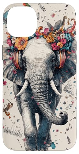 Hülle für iPhone 14 Plus Elefant Musik Tier Kopfhörer Elefant Kunst von Floral Music lover Nature inspired Bohemian