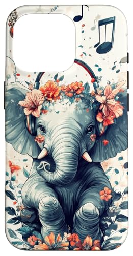 Hülle für iPhone 16 Pro Elefant Musik Tier Kopfhörer Elefant Kunst von Floral Music lover Nature inspired Bohemian