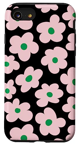Hülle für iPhone SE (2020) / 7 / 8 Ästhetische rosa und grüne Blumen Retro Gänseblümchen auf Schwarz von Flower Aesthetic Co