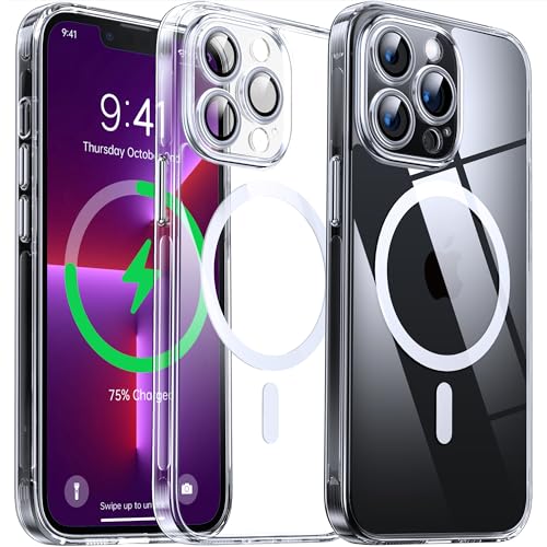 Flyzoo Magnetisch Hybrid Clear Hülle für iPhone 13 Pro Max - [Kompatibel mit MagSafe] [Eingebaute Kameraschutz Folie] Hart Durchsichtig Handyhülle Stoßfeste Transparente mit Silikon Schutzhülle, Clear von Flyzoo