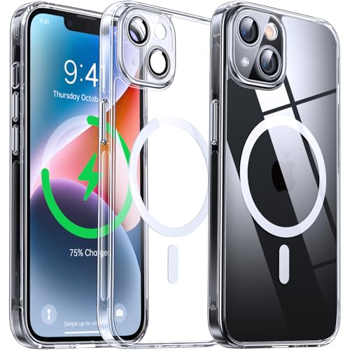 Flyzoo Magnetisch Hybrid Clear Hülle für iPhone 14 - [Kompatibel mit MagSafe] [Eingebaute Kameraschutz Folie] Hart Durchsichtig Handyhülle Stoßfeste Transparente mit Silikon Schutzhülle, 6,1", Clear von Flyzoo