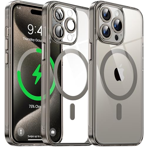 Flyzoo Magnetisch Hybrid Clear Hülle für iPhone 15 Pro - [Kompatibel mit MagSafe] [Eingebaute Kameraschutz Folie] Hart Durchsichtig Handyhülle Stoßfeste Transparente mit Silikon Schutzhülle, 6,1",Grau von Flyzoo