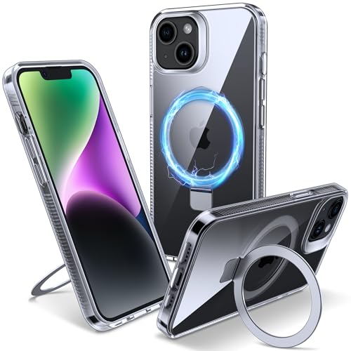 Flyzoo Magnetisch Ständer Hülle für iPhone 14 Plus - [Unsichtbarer Ständer] [Kompatibel mit MagSafe] [Vergilbungsfrei & rutschfest] Stoßfest Durchsichtig Handyhülle, 6.7'', Clear von Flyzoo