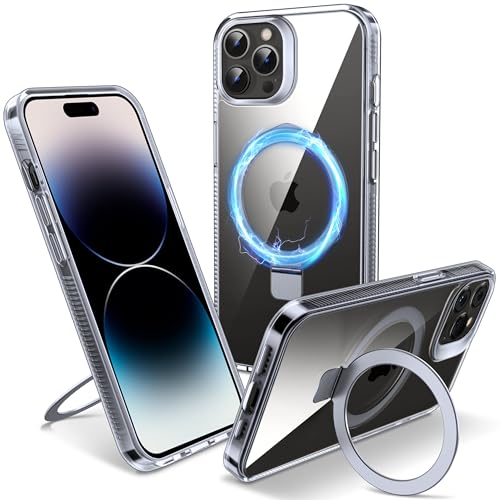 Flyzoo Magnetisch Ständer Hülle für iPhone 14 Pro - [Unsichtbarer Ständer] [Kompatibel mit MagSafe] [Vergilbungsfrei & rutschfest] Stoßfest Durchsichtig Handyhülle, 6.1'', Clear von Flyzoo