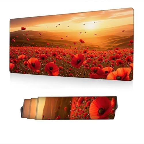 Mauspad XXL 1400x600x3mm,Mousepad Rot Schreibtischunterlage,Gaming Mauspad Mohn Mouse Pad mit Wasserdicht und Rutschfester Gummi,Desk Mat mit Vernähte Kanten,Computer Zubehör,Geschenke Frauen S1-431 von Fneuexng