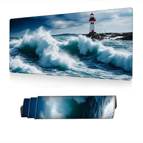 Mauspad XXL 1400x600x3mm,Mousepad Wellen Schreibtischunterlage,Gaming Mauspad Leuchtturm Mouse Pad mit Wasserdicht und Rutschfester Gummi,Desk Mat mit Vernähte Kanten,Computer Zubehör,Geschenke S1-387 von Fneuexng