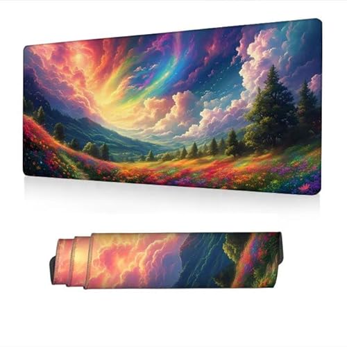 Mauspad XXL 800x300x3mm, Mousepad Landschaft Schreibtischunterlage, Gaming Mauspad Regenbogen Mouse Pad mit Wasserdicht und Rutschfester Gummi, Desk Mat mit Vernähte Kanten, Computer Zubehör S1-427 von Fneuexng