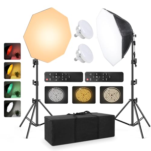 2pack Softbox Continuous Lighting Kit für Kamera Foto Video Fotografie Studio Licht mit 28'' x 28''Octagon Softbox und Dimmable Super Bright Glühbirne/Nylon Farbe Bildschirm/Licht Stand/Tragetasche von Foccalli