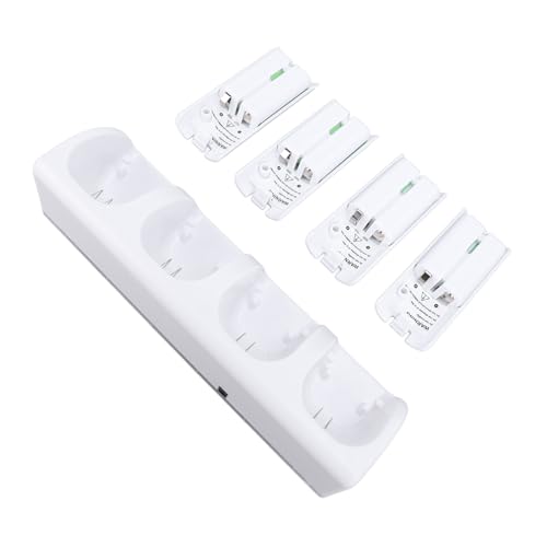 4 Fernbedienung Ladegerät Dock Station für Wii Controller Ladestation mit 2800mAh Akku-Packs, LED-Licht-Display, USB-Kabel, Modisches Design (White) von Fockety