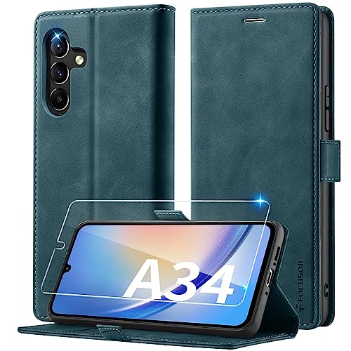 Focusor Handyhülle für Samsung Galaxy A34 5G Hülle Leder mit Panzerglas Schutzfolie,[Premium Leder][Kartenfach] Hülle für Samsung A34 Klappbar Flip Case Cover Stoßfeste Schutzhülle für Galaxy A34,Blau von Focusor