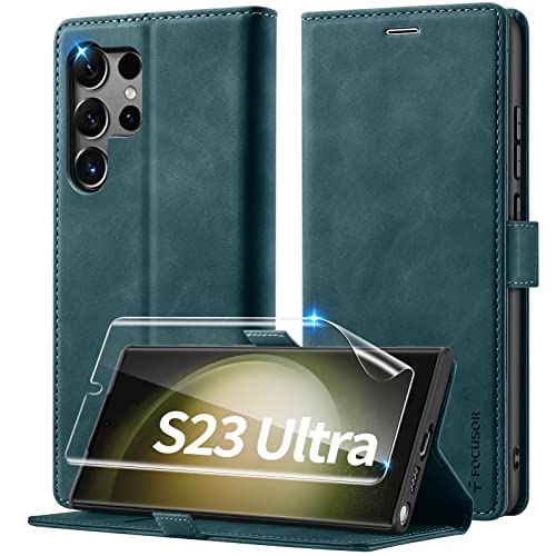 Focusor Handyhülle für Samsung Galaxy S23 Ultra Hülle Leder mit Schutzfolie,[Premium Leder][Kartenfach] Samsung S23 Ultra 5G Hülle Klappbar Flip Case Cover Stoßfeste Schutzhülle für S23 Ultra,Blau von Focusor