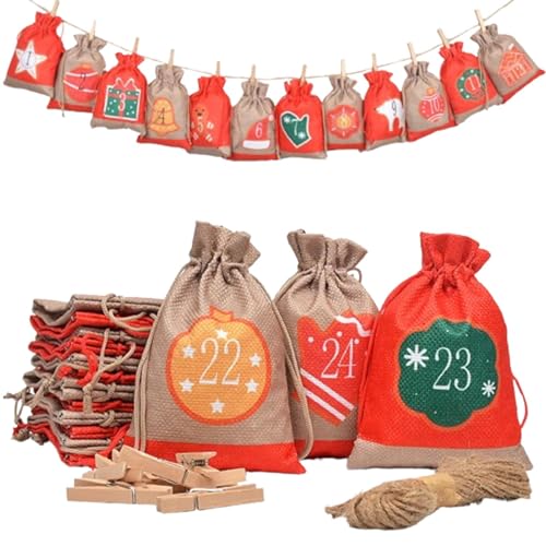 Advent Bags, Cute Advent Pouches, Christmas Advent Calendar Bags, Burlap Christmas Advent Bag, Christmas Tree Pendants Burlap Bag with Clips, 24X Christmas Countdown Burlap Bags Reusable for Chocolate von Foeirp