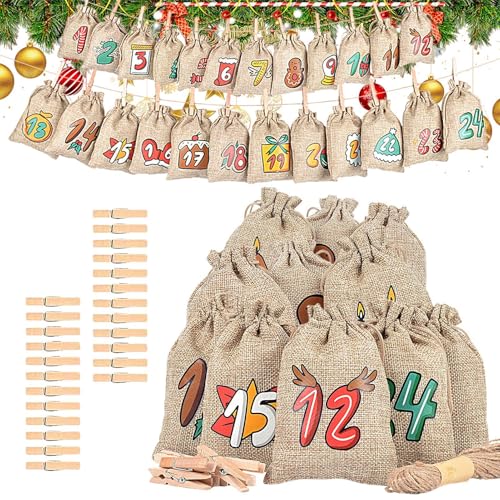 Christmas Advent Calendar Bags | Cute Christmas Candy Bags | Reusable Burlap Christmas Bags | 24x Reusable Burlap Holiday Candy Holder Supplies For Snack Cookies Goodies von Foeirp