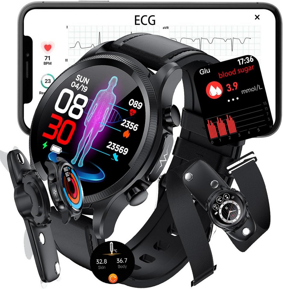 Fohatu Gesundheitsüberwachung Smartwatch (1,39 Zoll, Android, iOS), Multifunktionalen Features Langanhaltender Akkulaufzeit Kompatibilität von Fohatu