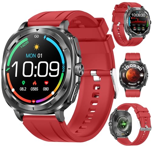 Fohatu Neu 𝐁𝐥𝐮𝐭𝐳𝐮𝐜𝐤𝐞𝐫 Smartwatch Herren 1.43”AMOLED mit EKG+HRV/Harnsäure/BMI/Annehmen/Anruf tätigen mit SOS-Notruf/Sportuhr Smartwatch für Android iOS (Rot) von Fohatu