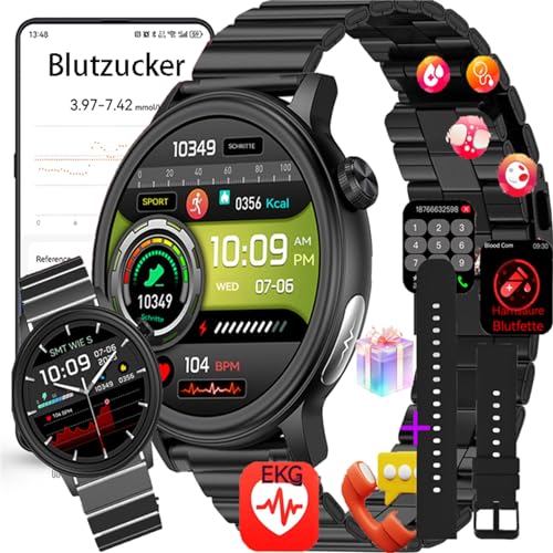 Fohatu 𝐛𝐥𝐮𝐭𝐳𝐮𝐜𝐤𝐞𝐫 Smartwatch 𝐛𝐥𝐮𝐭𝐳𝐮𝐜𝐤𝐞𝐫𝐦𝐞𝐬𝐬𝐮𝐧𝐠 EKG 𝐃𝐢𝐚𝐛𝐞𝐭𝐞𝐬 Smartwatch Mit Bluetooth-Anrufe,Fitness Tracker Mit Blutfette Harnsäure Blutdruck von Fohatu