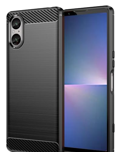 Folmecket Sony Xperia 5 V Hülle, Karbonfaser, Kratzfest, stoßdämpfend, weiche TPU-Gummi-Schutzhülle für Sony Xperia 5 V 6,1 Zoll Schwarz von Folmecket