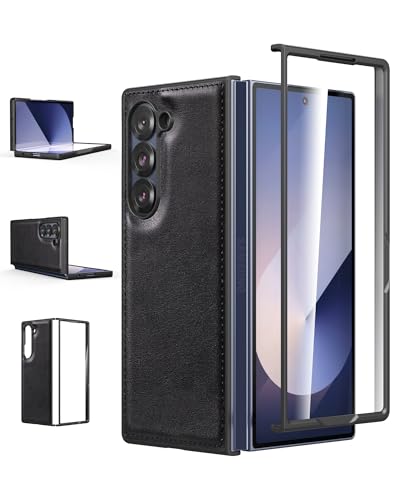 Foluu für Samsung Galaxy Z Fold 6 Hülle, mit Front eingebautem gehärtetem Glas, PU Leder + Harte PC Schale Ultra Dünn Slim Durable Schutzhülle Handyhülle für Samsung Galaxy Z Fold6 5G 2024 (Schwarz) von Foluu