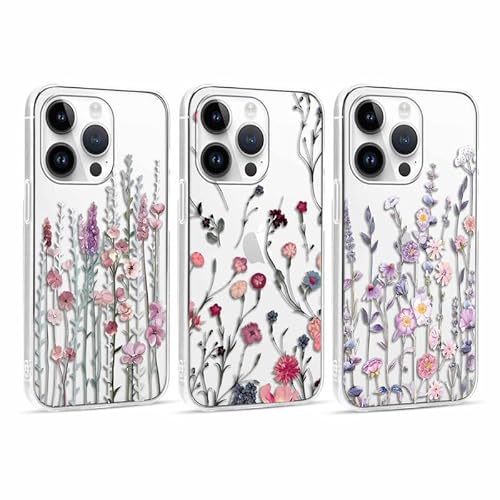 Foonary 3 Stück Transparent Hülle für Apple iPhone 14 Pro 6,1", Handyhülle mit Muster Mädchen Aesthetic Muster Motiv Design Slim Case, Silikon Stoßfest Schutzhülle Cover für iPhone 14 Pro, Blumen01 von Foonary