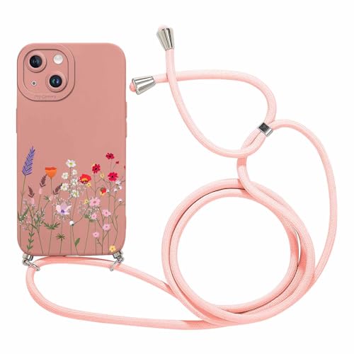 Foonary Handykette Hülle für Apple iPhone 14 Plus 6,7", Aesthetic Muster Handyhülle mit Band Kette Case, Silikon Stoßfest Bumper Schutzhülle Cover mit Schnur Kordel für iPhone 14 Plus, Blumen07 von Foonary