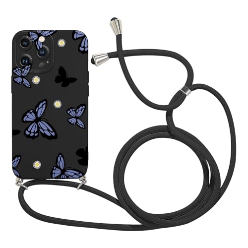 Foonary Handykette Hülle für Apple iPhone 14 Pro Max 6,7", Aesthetic Muster Handyhülle mit Band Kette Case, Silikon Bumper Schutzhülle Cover mit Schnur Kordel für iPhone 14 Pro Max, Schmetterling02 von Foonary