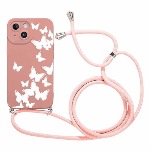 Foonary Handykette Hülle für iPhone 15 6,1", Aesthetic Muster Handyhülle mit Band Kette Case (Abnehmbar), Slim Silikon Stoßfest Kratzfest Bumper Schutzhülle Cover mit Schnur Kordel, Schmetterling01 von Foonary