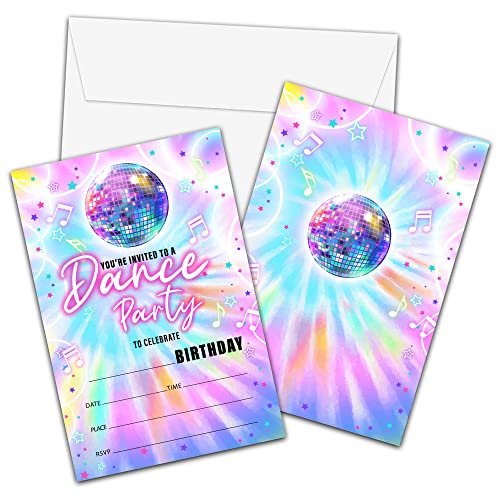 Einladungskarten für Tanz-Geburtstagspartys mit Umschlägen – Disco-Party-Einladungskarte für Mädchen/Jungen – Discokugel-Ausfüllkarten – Neon-Regenbogen-Glow-Party-Feier (20 Stück)-11 von Foosproea