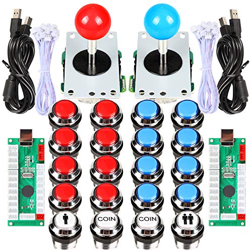 Fosiya 2 Spieler Arcade Joystick LED Chrom Tasten für PC Arcade Gamepads & Standard Controller DIY Spiele MAME Kit (Chrome Red & Blue Buttons) von Fosiya