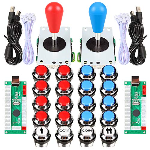 Fosiya Arcade-Spiele für 2 Spieler Ellipse Oval Style 8 Wege Joystick + 20 x LED Chrome Arcade Tasten für Videospiele Standard Controller alle Windows PC MAME Raspberry Pi (Rot + Blau Chrom-Tasten) von Fosiya