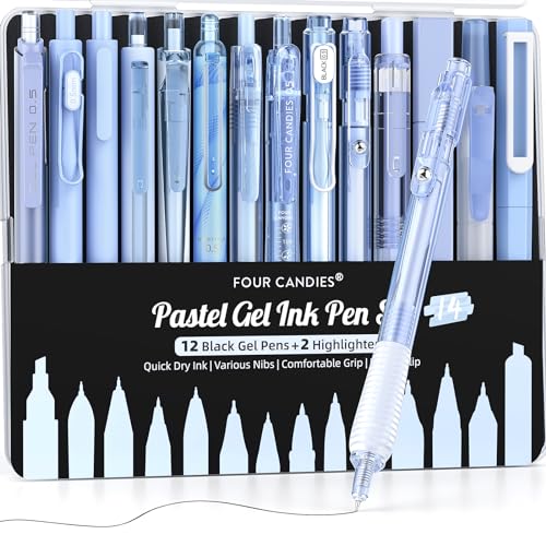 Four Candies Gel-Tintenstift-Set, 14-teiliges Stift-Set mit Etui, niedliche Notizen, 0,5 mm feine Spitze, einziehbar, 12 schwarze Tintenstifte mit 2 Textmarkern (Blau) von Four Candies
