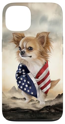 Hülle für iPhone 13 Chihuahua-Hund umwickelt in USA-Flagge stehend unter Bergen von Fox Republic Design