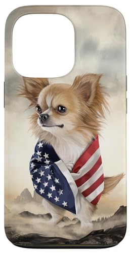 Hülle für iPhone 13 Pro Chihuahua-Hund umwickelt in USA-Flagge stehend unter Bergen von Fox Republic Design