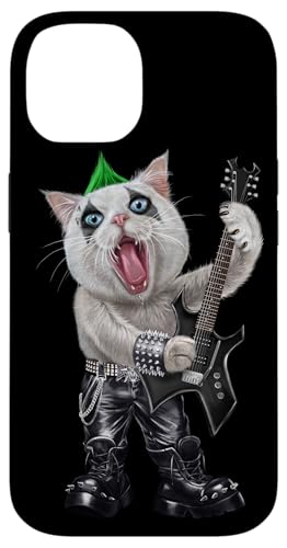 Hülle für iPhone 14 Punk Rock Katze mit E-Gitarre von Fox Republic Design