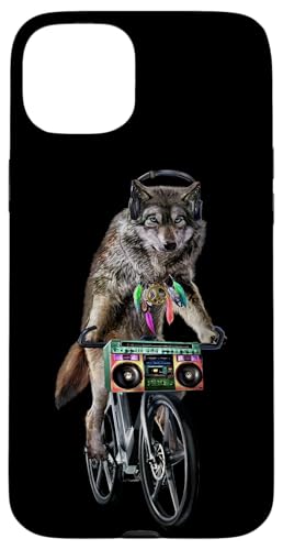 Hülle für iPhone 15 Plus Hippie Wolf Reitrad mit Boombox und Kopfhörer von Fox Republic Design