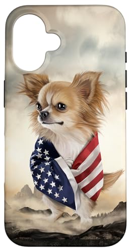 Hülle für iPhone 16 Chihuahua-Hund umwickelt in USA-Flagge stehend unter Bergen von Fox Republic Design