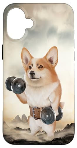 Hülle für iPhone 16 Plus Welsh Corgi Hund Muskeltraining Gewichtheben mit Hantel von Fox Republic Design