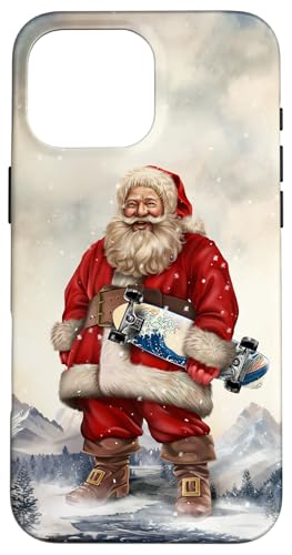 Hülle für iPhone 16 Pro Max Weihnachtsmann hält ein Skateboard inmitten verschneiter Berge von Fox Republic Design