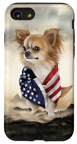 Hülle für iPhone SE (2020) / 7 / 8 Chihuahua-Hund umwickelt in USA-Flagge stehend unter Bergen von Fox Republic Design