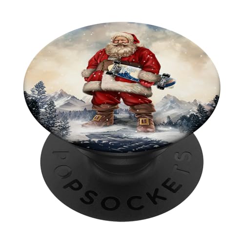 Weihnachtsmann hält ein Skateboard inmitten verschneiter Berge PopSockets Klebender PopGrip von Fox Republic Design