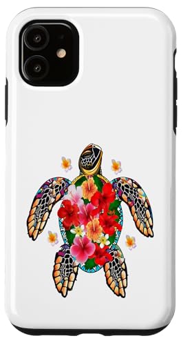 Hülle für iPhone 11 Frauen florale Hibiskus mit Schildkröte lustige Schildkröten von Frauen Blumenblumen Boho Grafik